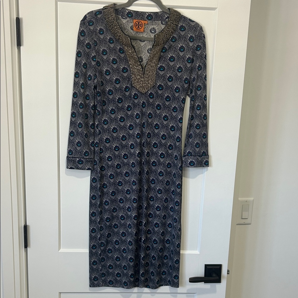 Tory Burch silk jersey shift dress beaded neckline peacock feather print SMALL